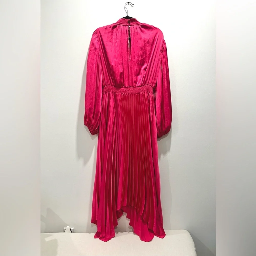 Petal & Pup Pleated Long Sleeve Midi Semi Formal Pink Satin Cocktail Dress US 8 - Picture 8 of 12